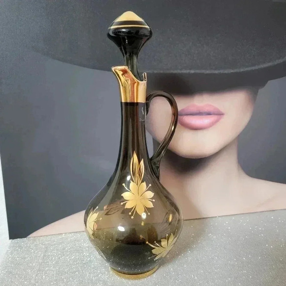 Mid Century Modern Romanian Smoke Glass Decanter with Gold Details - Picture 2 of 3